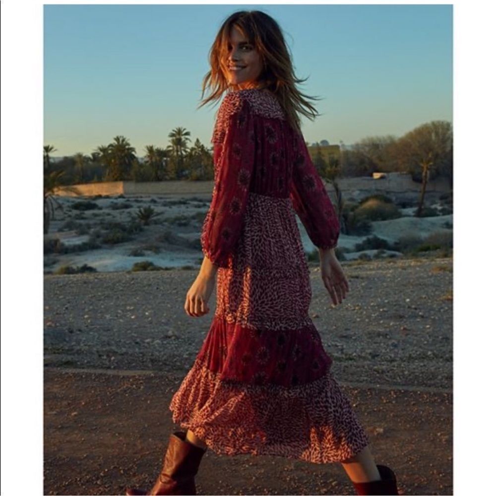 Ba&Sh Floral Robe Gypsy Red Burgundy Midi Dress Size 8 Boho Romantic Parisian